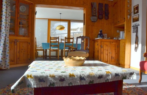 Chandolin Apartment | Outside: apartment in Chandolin, for 2-4 people, on the ground floor of a building, terrace with fur